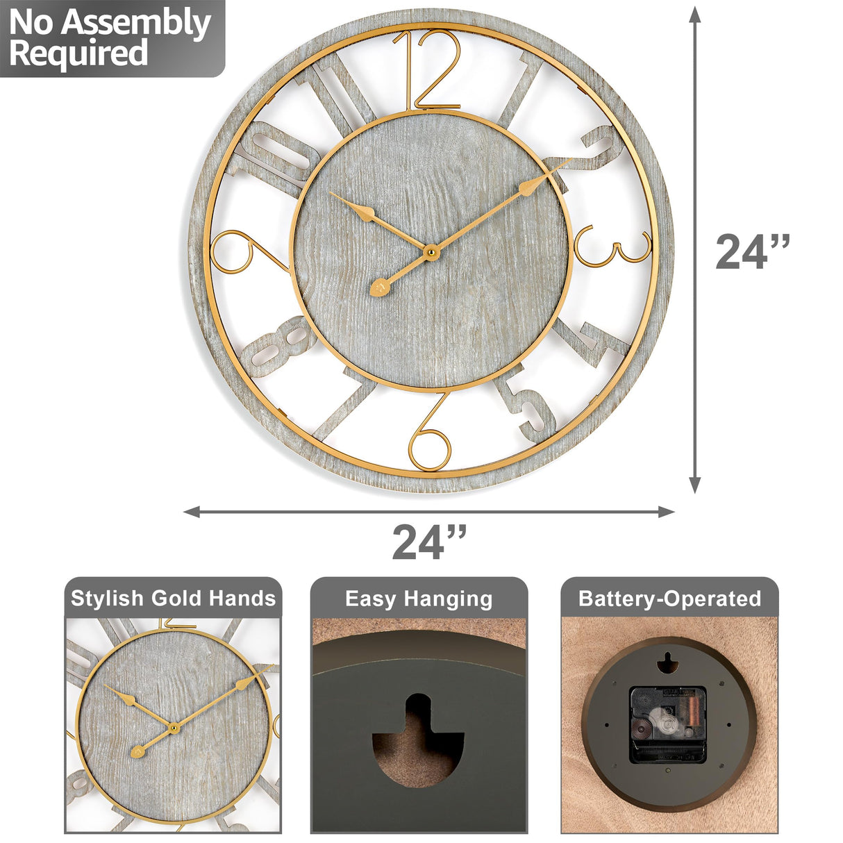 Wooden Modern Wall Clock - Large Wall Clock for Living Room Decor - 24-Inch Big Wall Clock Decorative,