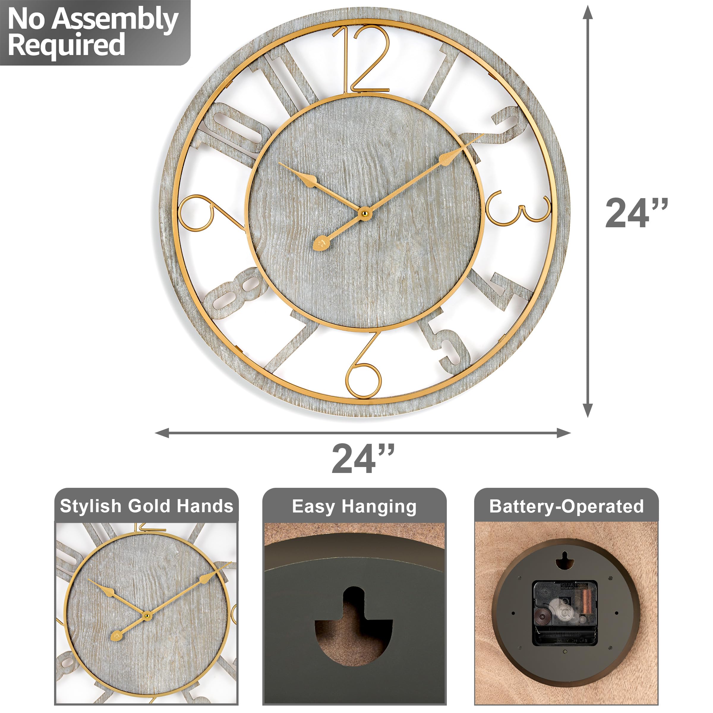 Wooden Modern Wall Clock - Large Wall Clock for Living Room Decor - 24-Inch Big Wall Clock Decorative,