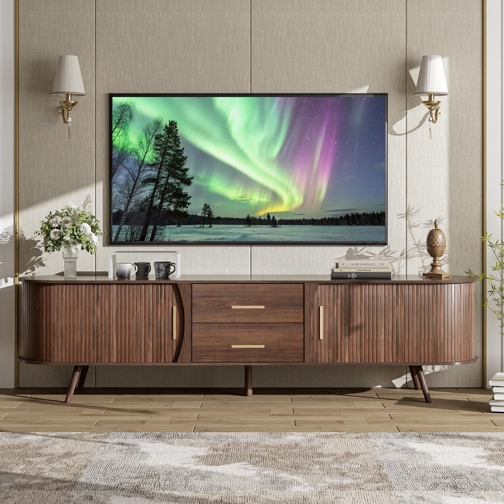 70" Fluted TV Stand with Sliding Tambour Doors - Walnut