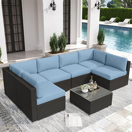 7-Piece Outdoor Patio Furniture Sets, All-Weather Black Wicker Rattan Sectional Sofa