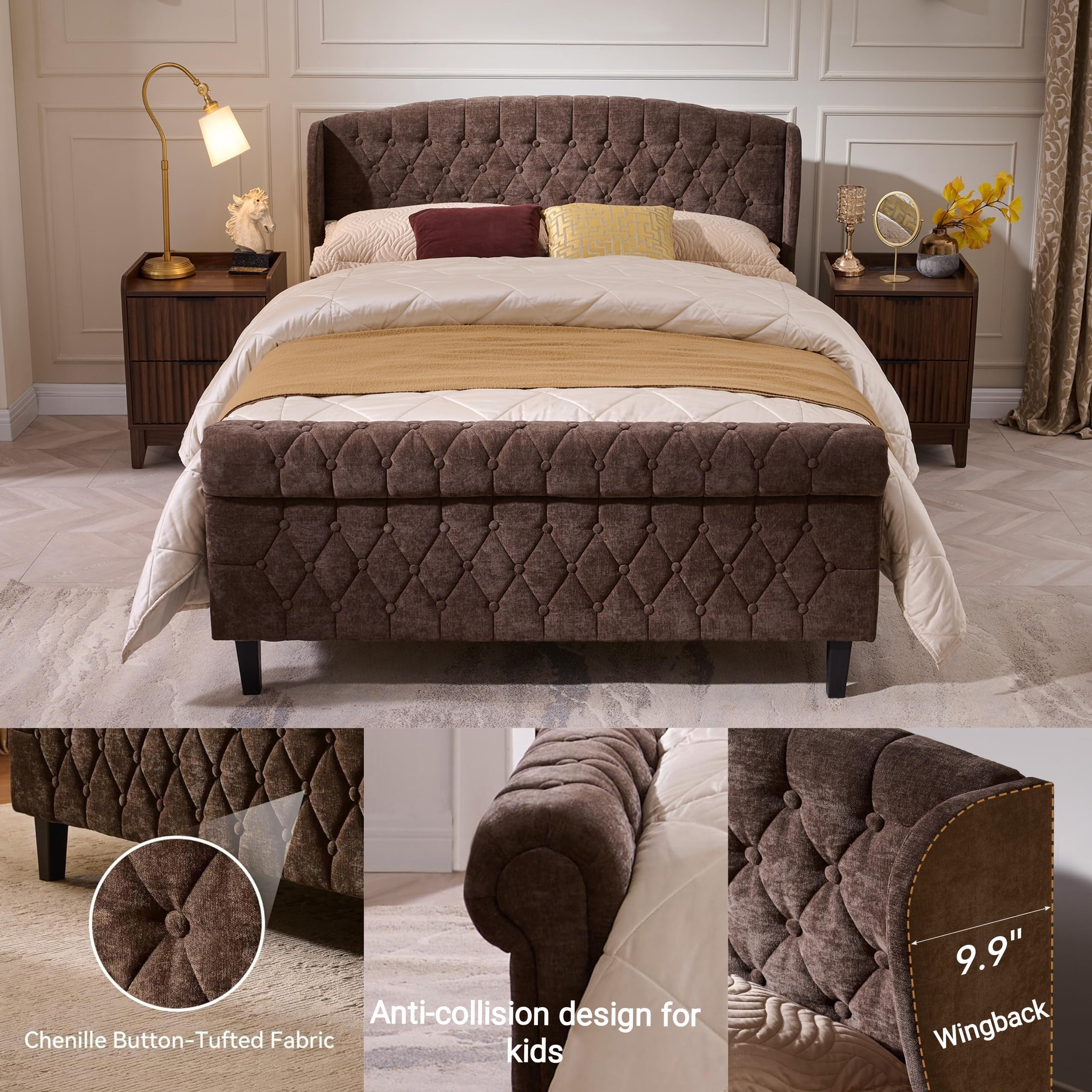 Queen Size Upholstered Platform Bed Frame with Sleigh Headboard