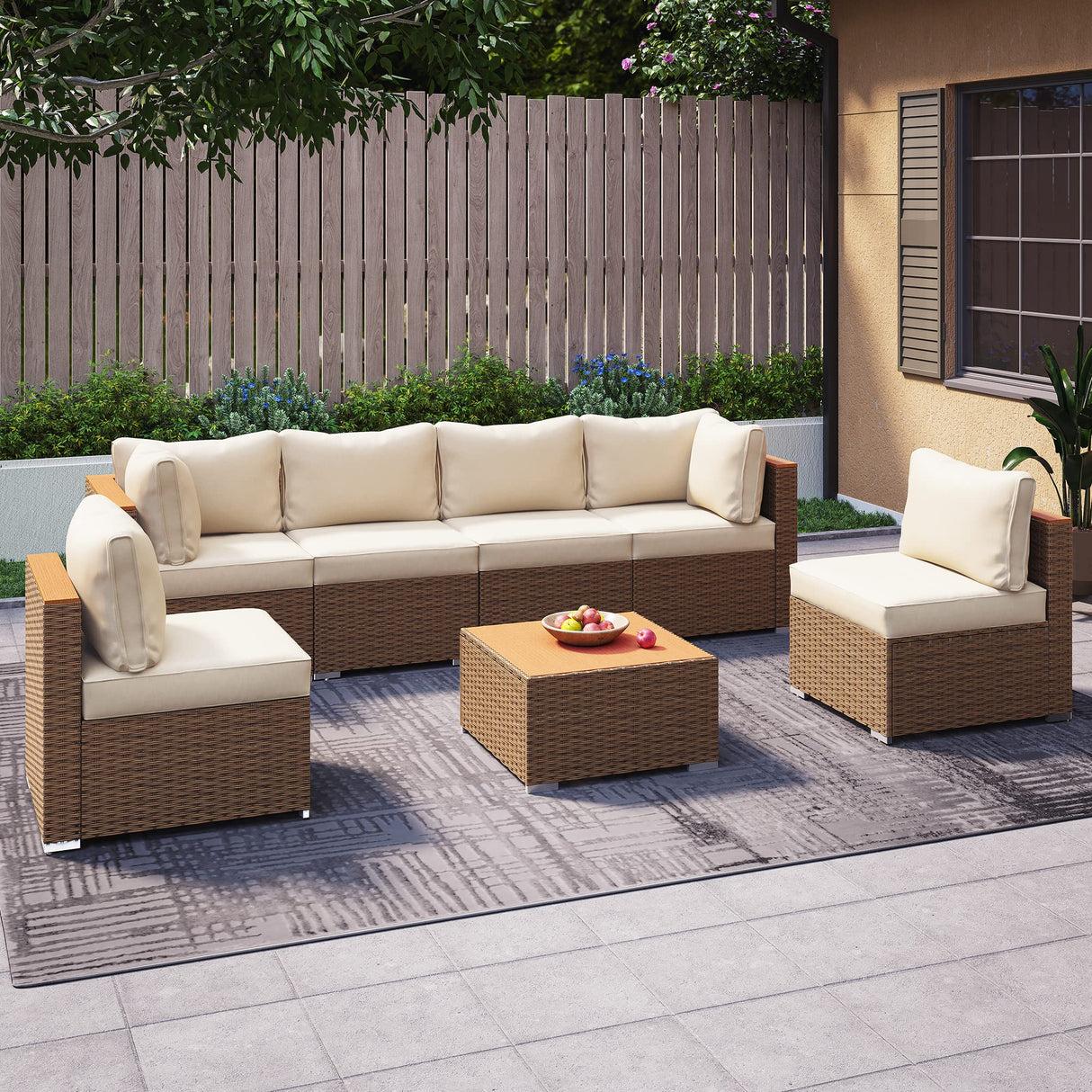 7 Piece Patio Furniture Set PE Rattan Sectional Conversation Sets