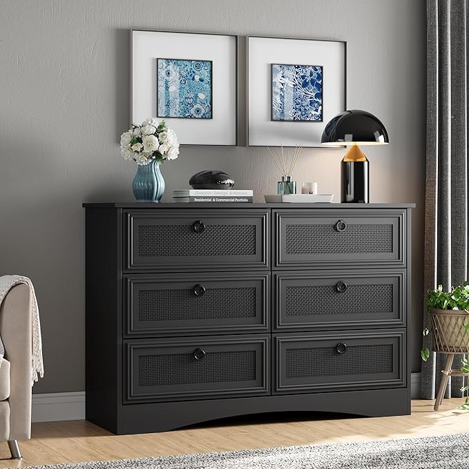 6 Drawer Dresser for Bedroom, White Rattan Dresser