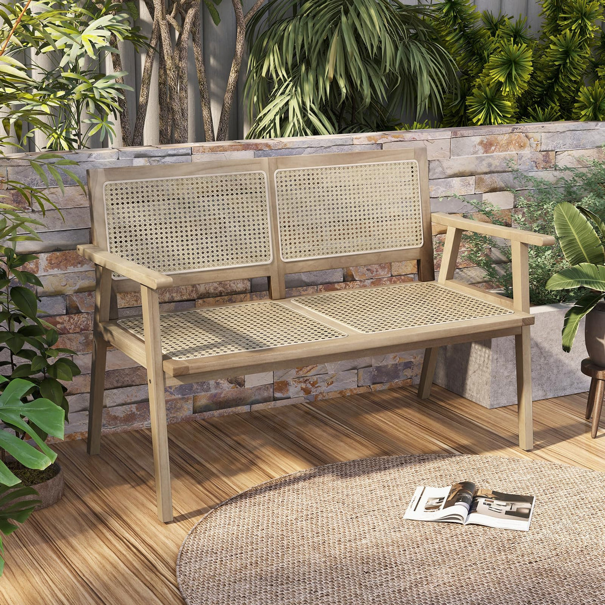 Outdoor Teak Wood Garden Bench, 2-Person Patio Bench with Armrests