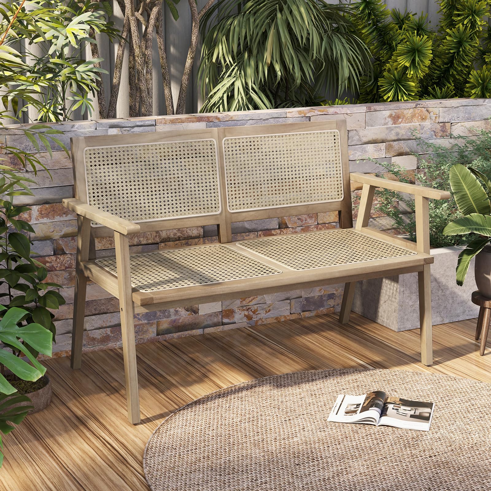 Outdoor Teak Wood Garden Bench, 2-Person Patio Bench with Armrests
