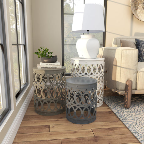 Deco 79 Metal Side End Accent Table Indoor Outdoor Nesting End Table with Carved Trellis Design, Set of 3 Side Table 23", 19", 15"H, Multi Colored - Bircata