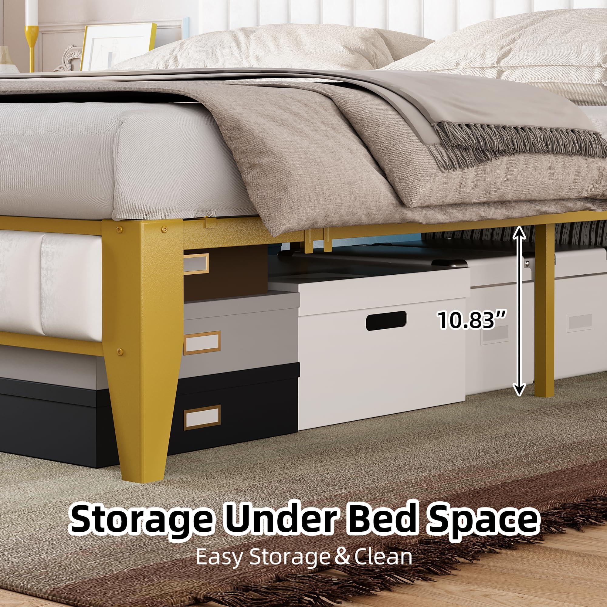 IDEALHOUSE Queen Bed Frame with Charging Station, LED Bed Frame with Storage Headboard, Upholstered Platform Bed Frame, No Box Spring Needed, Easy Assembly, White＆Gold