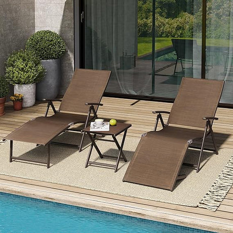 3PCS Outdoor Chaise Lounge & Table Set, Textiline Folding Chaise with Side Table,