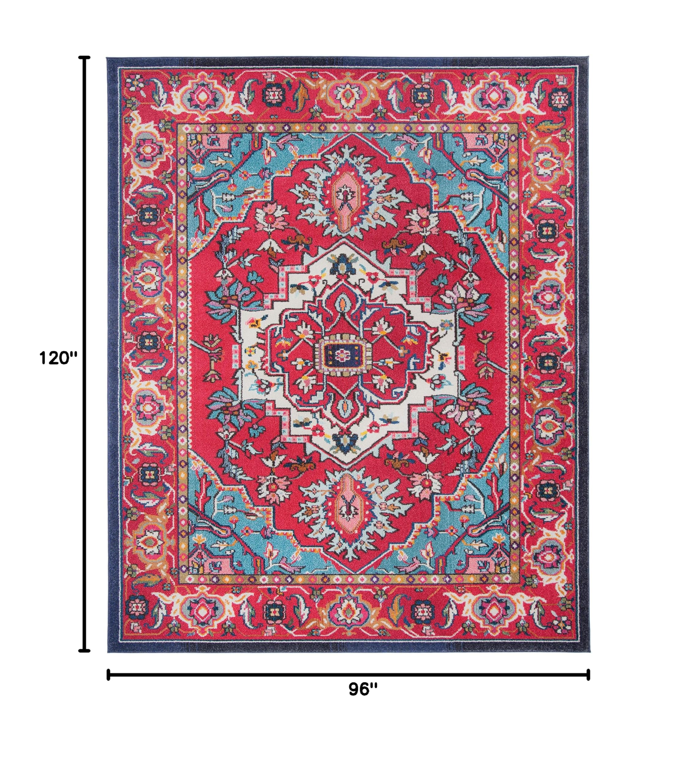 Monaco Collection Area Rug - 8' x 10' Red & Turquoise Boho Oriental Medallion