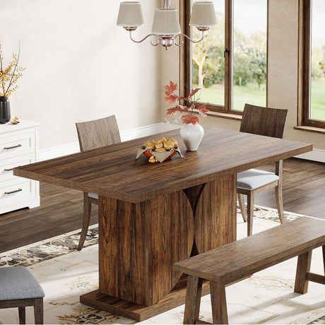 Tribesigns Farmhouse Dining Table for 4-6, 55.12" Rectangle Kitchen Table, Wood Dining Room Table with Dual Semi-Circle Pedestal Base, Dark Brown Dinner Table for Dining Room, Kitchen (Table Only)