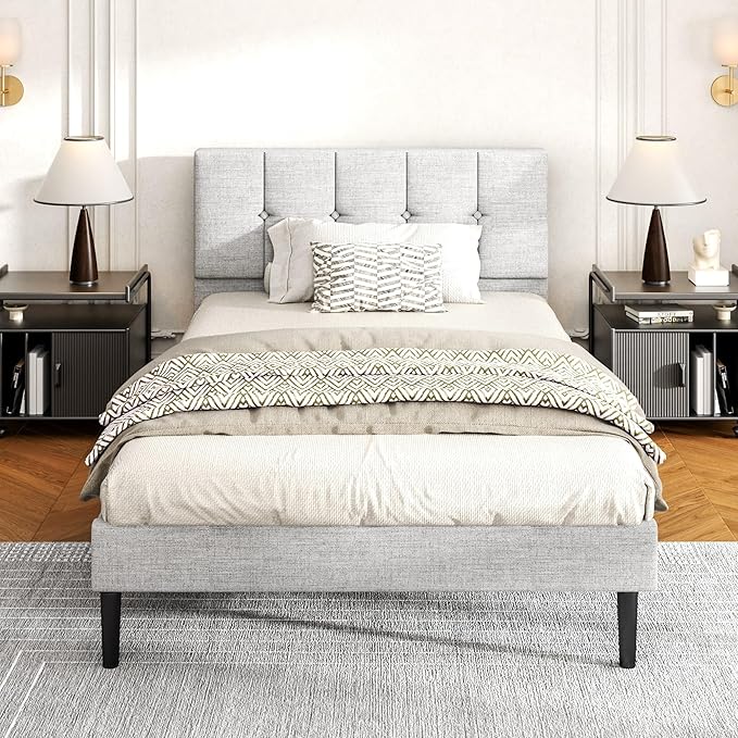 Full Size Bed Frame, Platform Beds with Upholstered Headboard