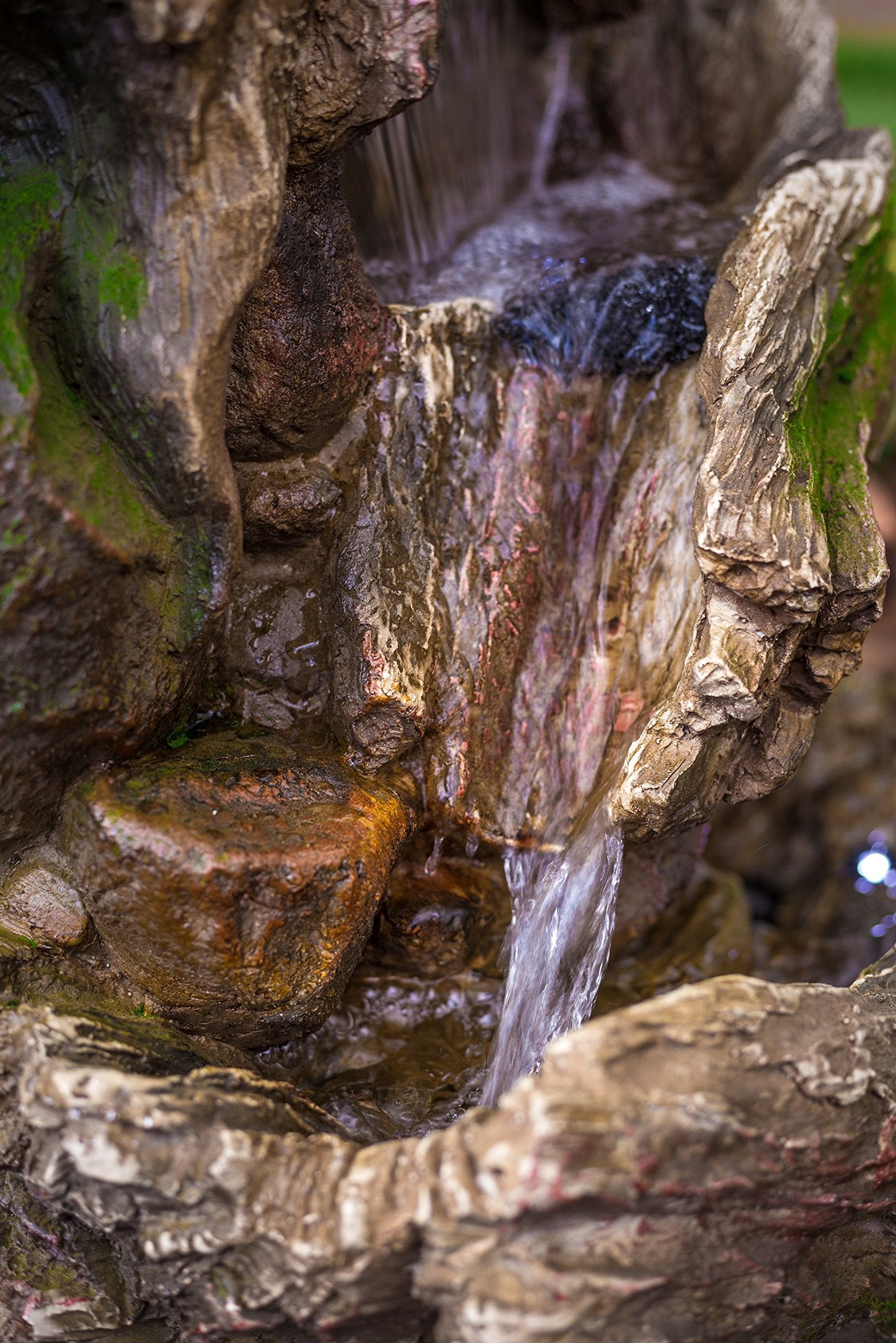 32" Cottage Log Garden Fountain: Tiered Outdoor Water Feature for Gardens & Patios. Weatherproof Resin, Hand-Crafted, w/LED Lights.