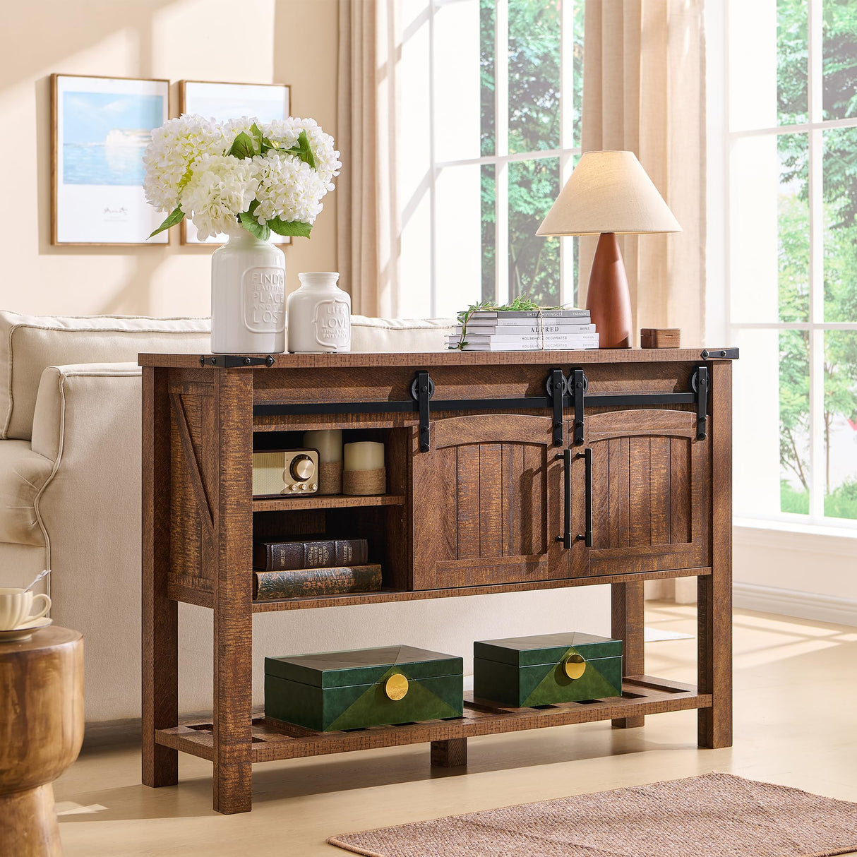 Farmhouse Entryway Table with Sliding Arch Doors, 46" Rustic Console Table