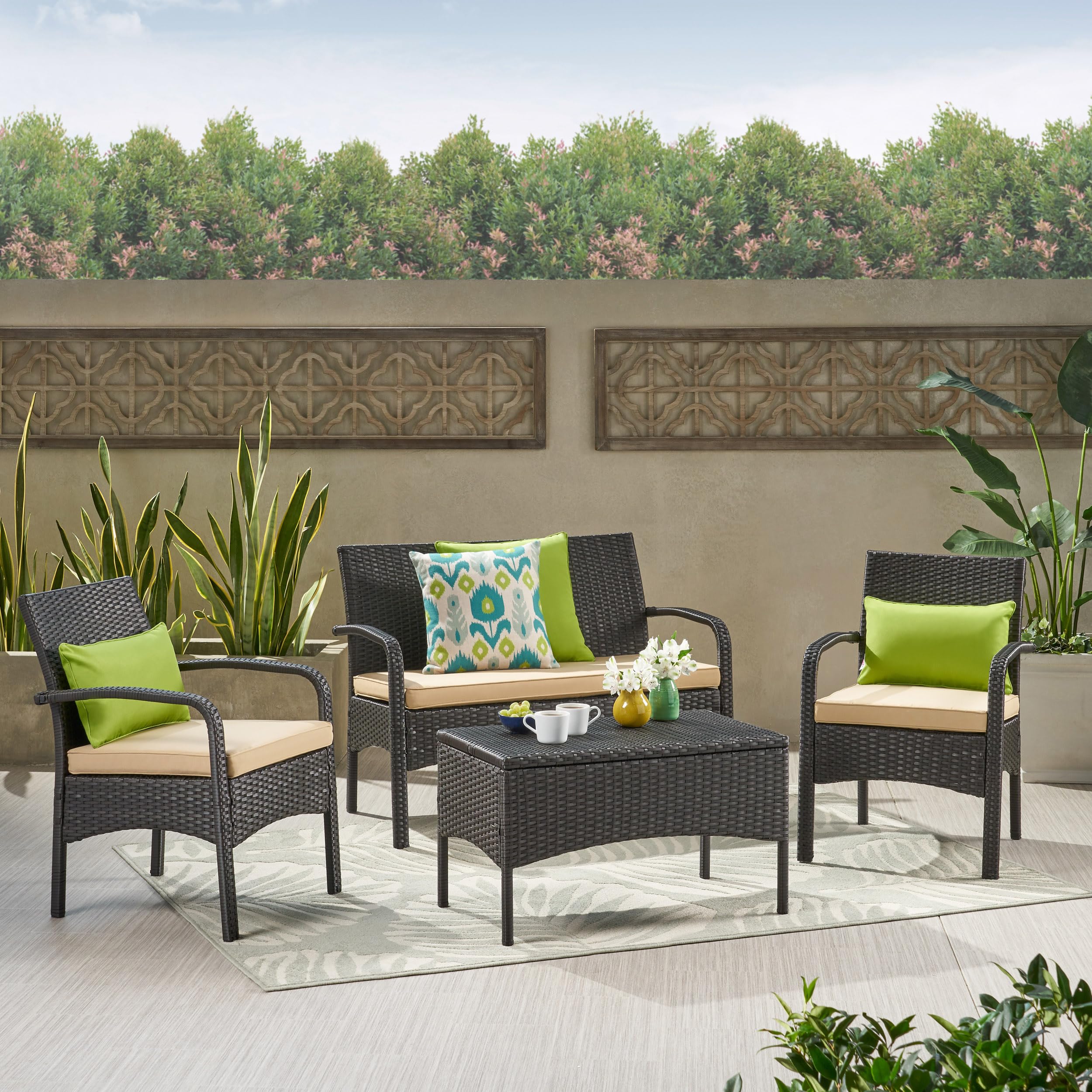 Furniture Set 4 Piece, Outdoor Conversation Sets- Rattan Wicker Sofa