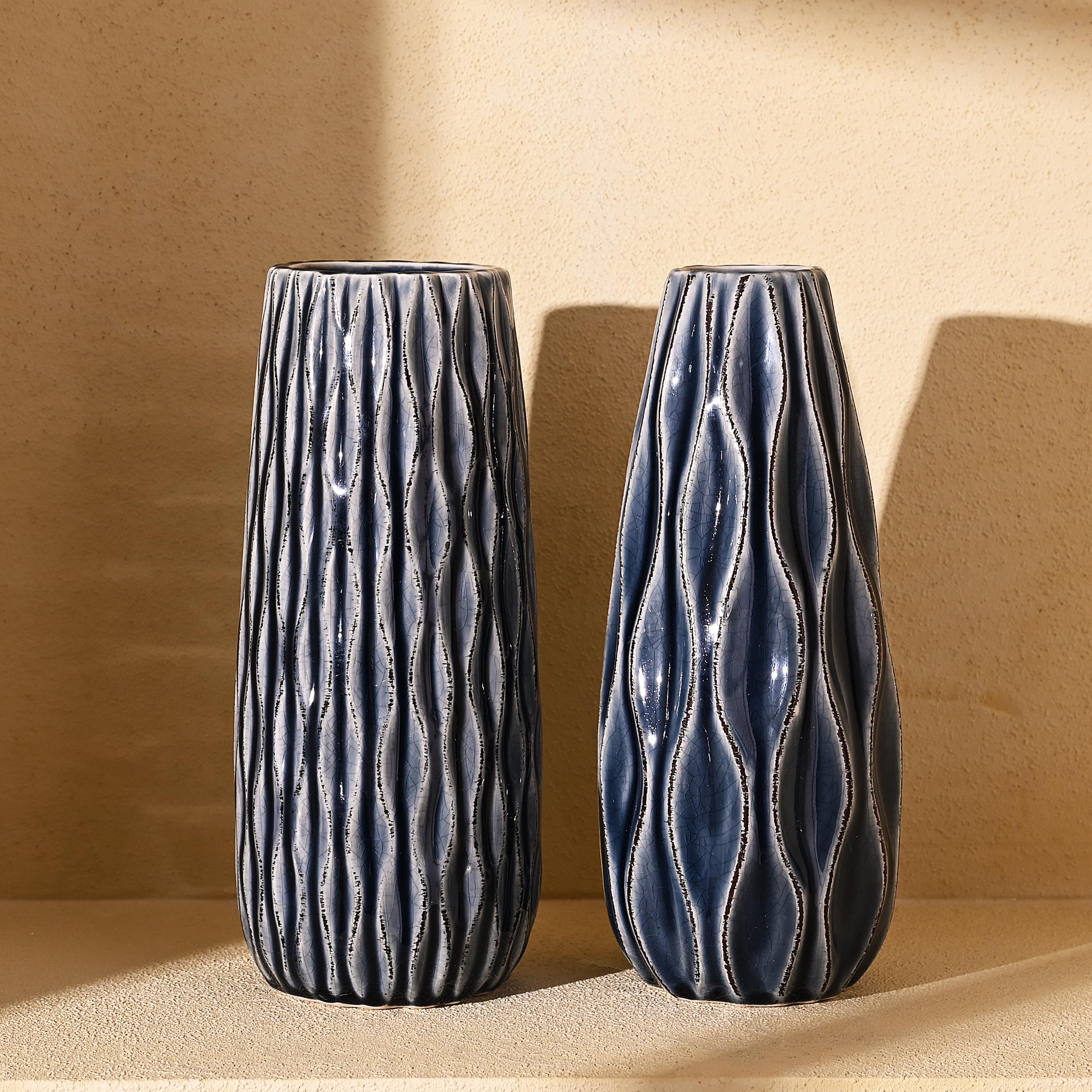Ceramic Vase for Flowers, 9.5'' Set of 2 Decorative Vintage Blue Vases for Home Decor,