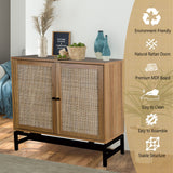 Pvillez Modern Sideboards Buffet Cabinet with Storage, Accent Cabinet with Natural Rattan Doors for Living Room Bedroom Dining Room Entryway, Walnut, 2Pack