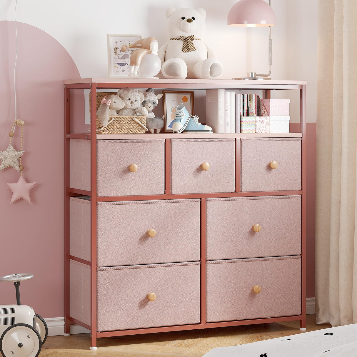 Pink Dresser, Dresser for Bedroom with 7 Drawers, Chests of Drawers & Fabric Dresser