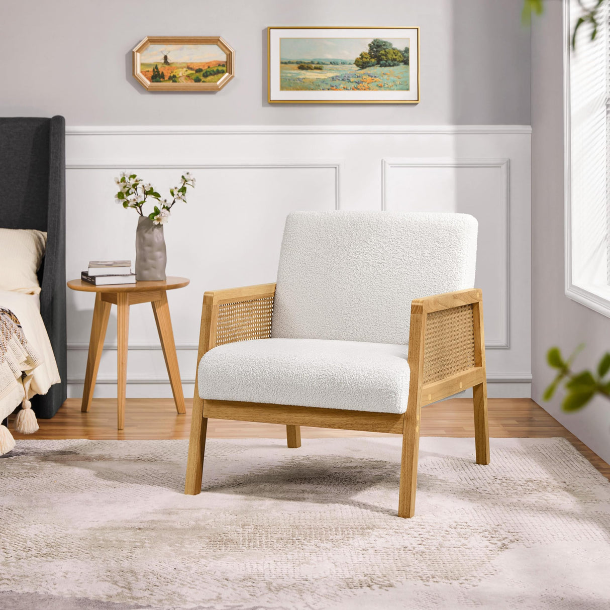 Boucle Fabric Accent Chair, Vintage Rattan Vanity Chair with Wood Armrest and Legs