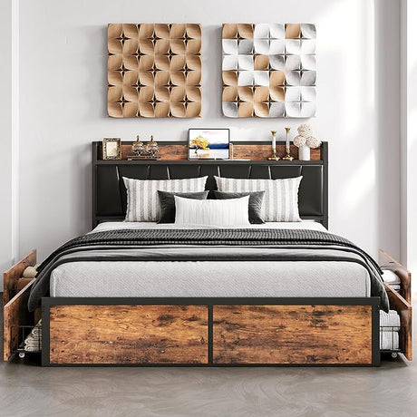 Queen Bed Frame with 4 Storage Drawers, Platform Bed with Charged Headboard, Sturdy