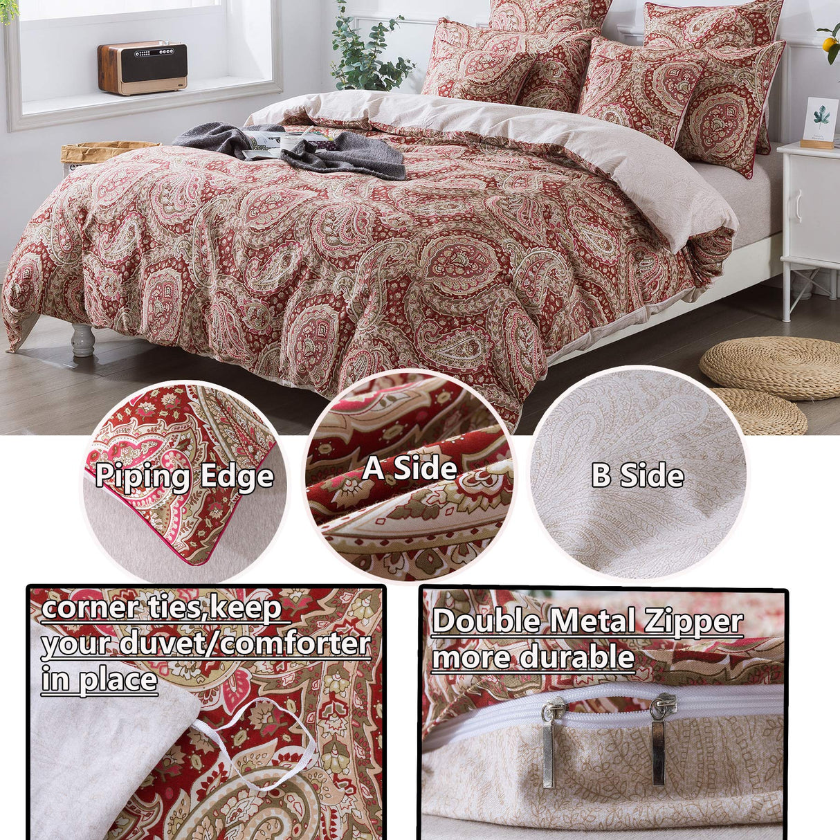 Paisley Duvet Cover Set Queen Red and Beige Reversible Paisley Floral Bedding 100%