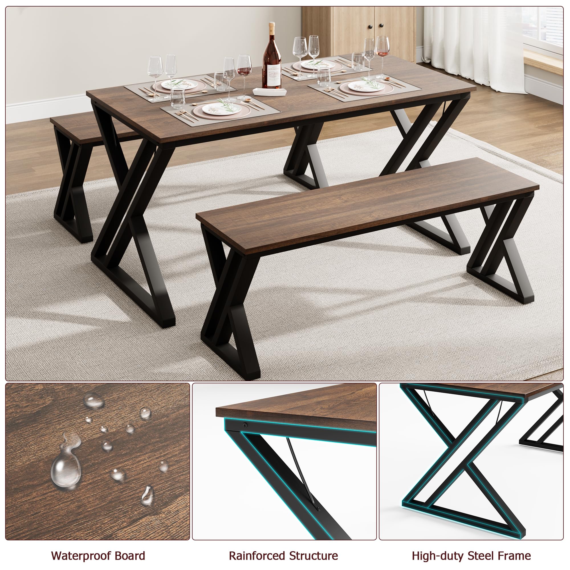 GAOMAN 55” Dining Table with Benches, Kitchen Table Set for 4-6, Rectangular Dining Room Table Set with Sturdy Metal Frame, Saving Space for Kitchen, Dining Room, Apartment, Retro Brown