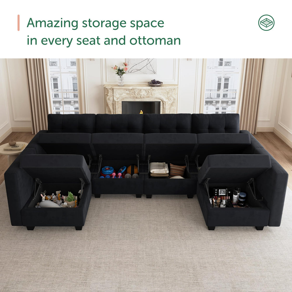 Modular Sectional Sofa Velvet U Shaped Couch with Double Chaises 6 Seater Sectional Sofa with Storage, Black