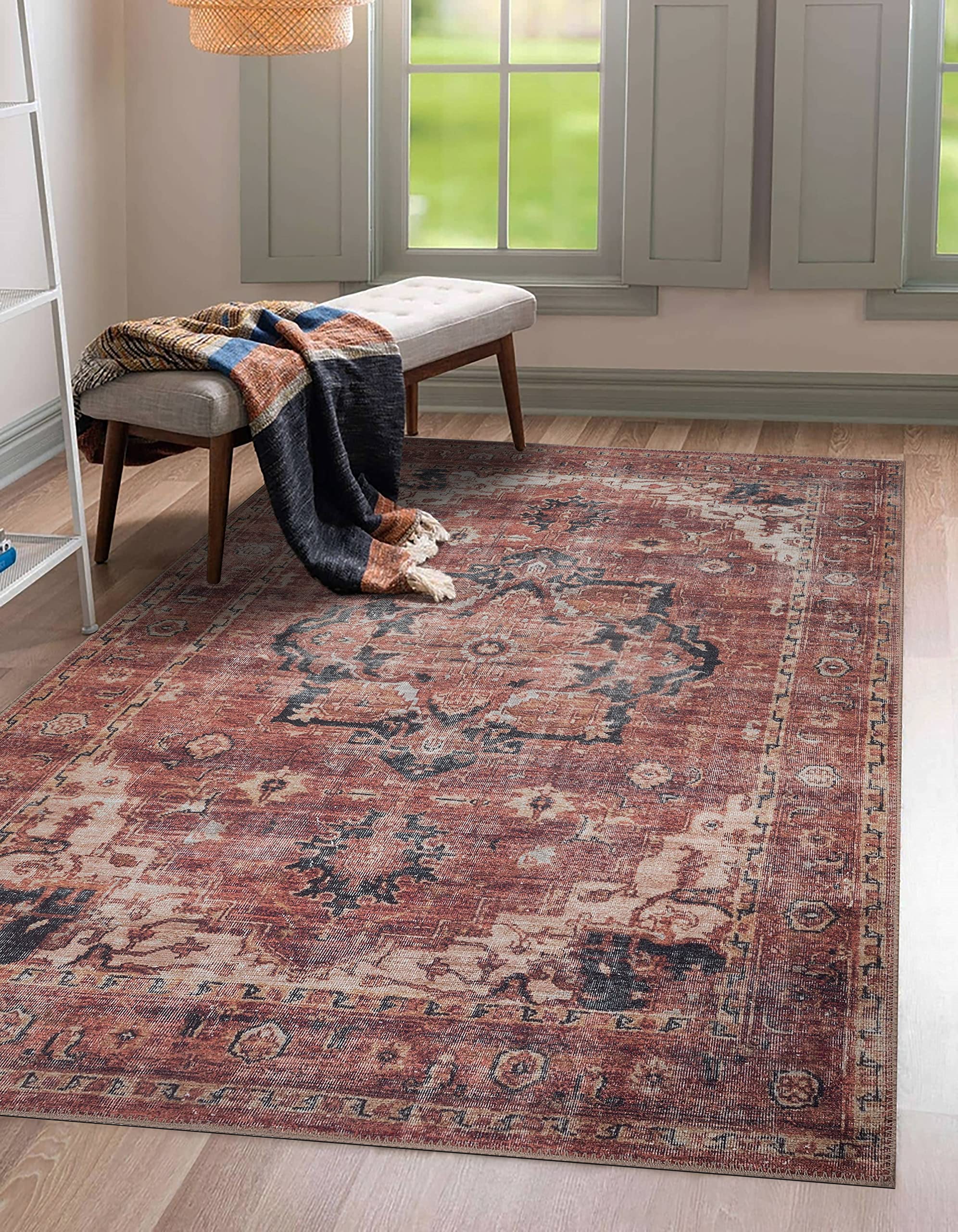 Machine Washable 9x12 Area Rug with Non Slip Backing for Living Room, Bedroom,