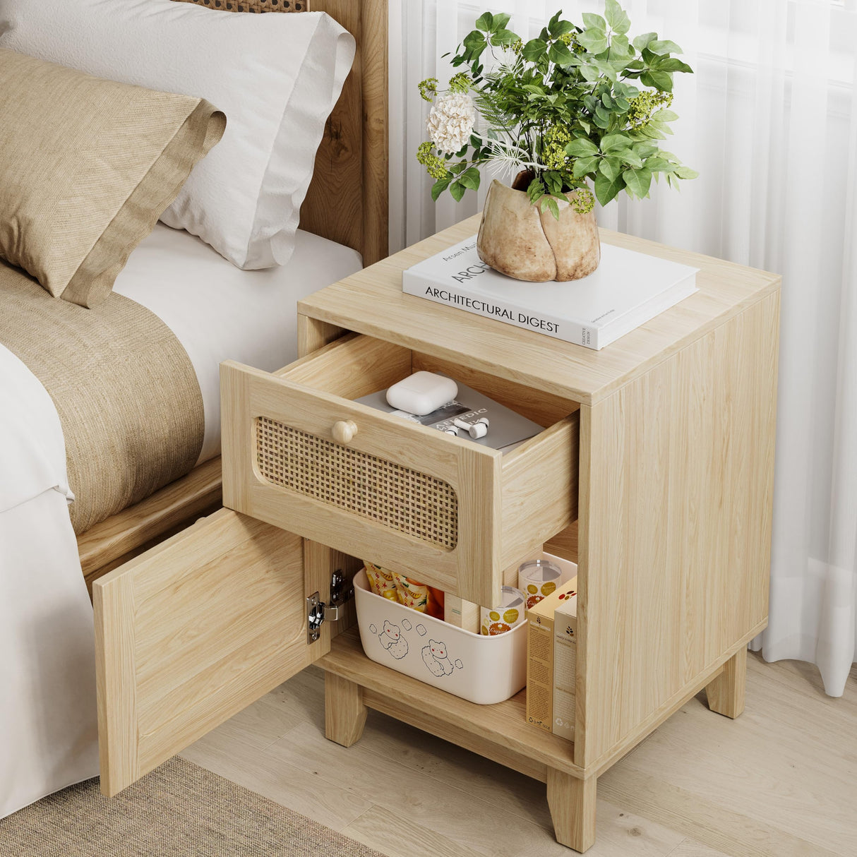 Modern Wicker Rattan Stand,Rattan Stand with Drawer and Charge Station