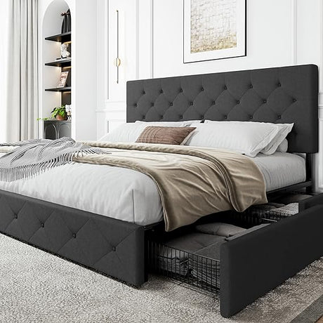 Upholstered Queen Platform Bed Frame with Adjustable Headboard and 4 Drawers Under