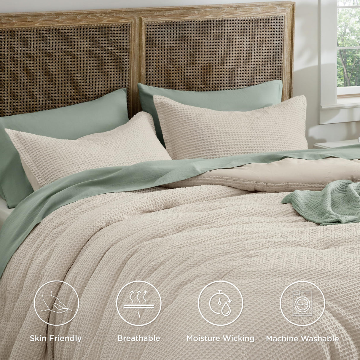Waffle Comforter Set King, Beige Soft Cotton Bedding, Waffle Weave Bed Set