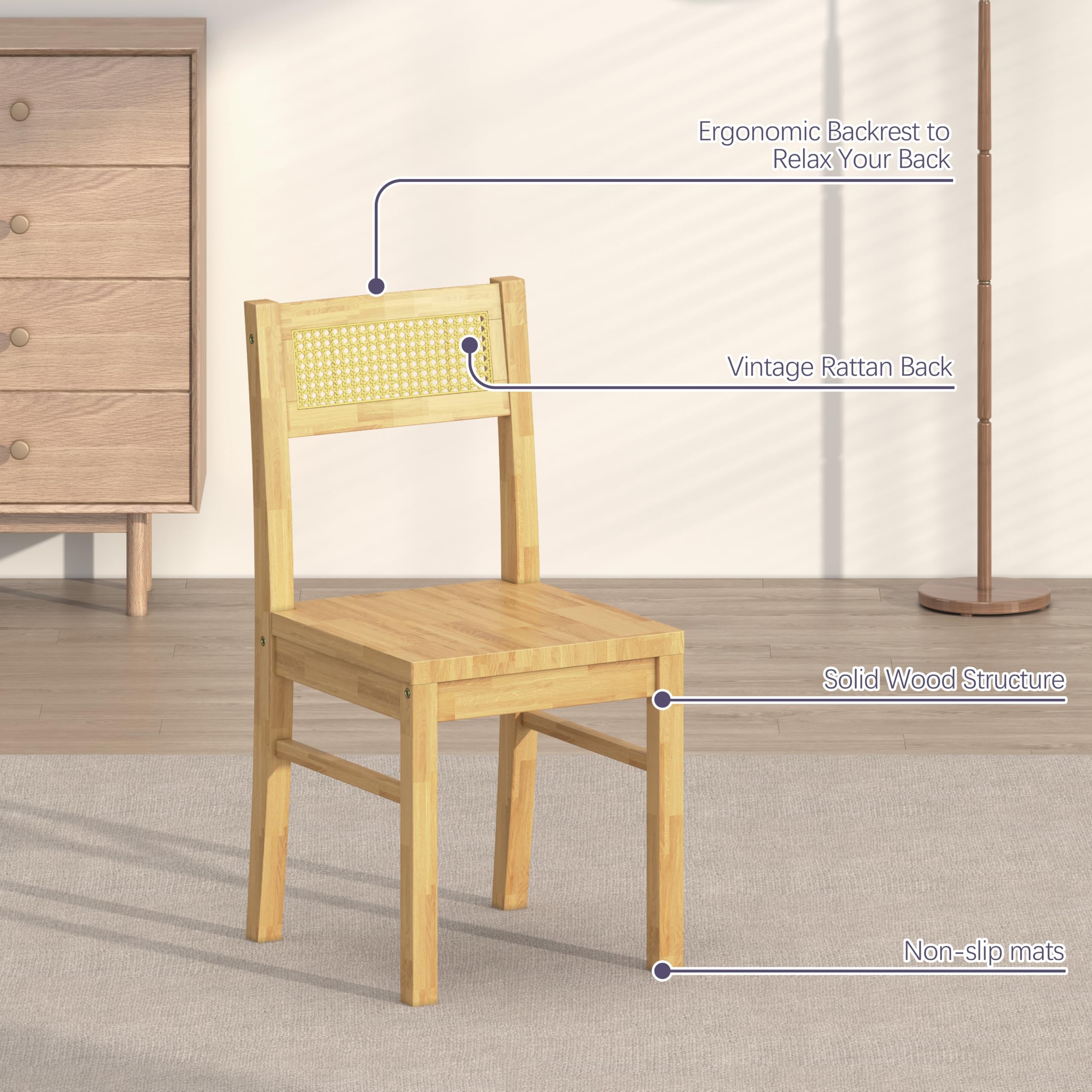 Solid Wood Dining Table Set for 4 with Woven Rattan Chairs