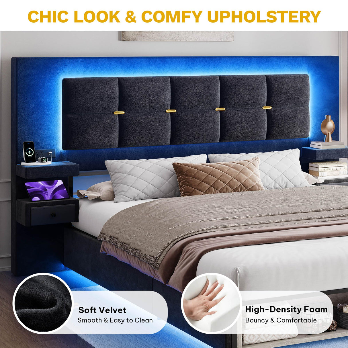 Queen Bed Frame with LED Lights and Charging Station