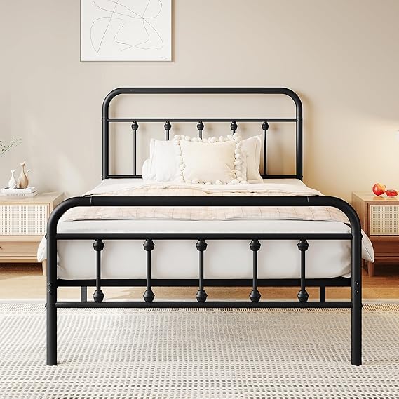 Queen Size Metal Platform Bed Frame with Victorian Headboard