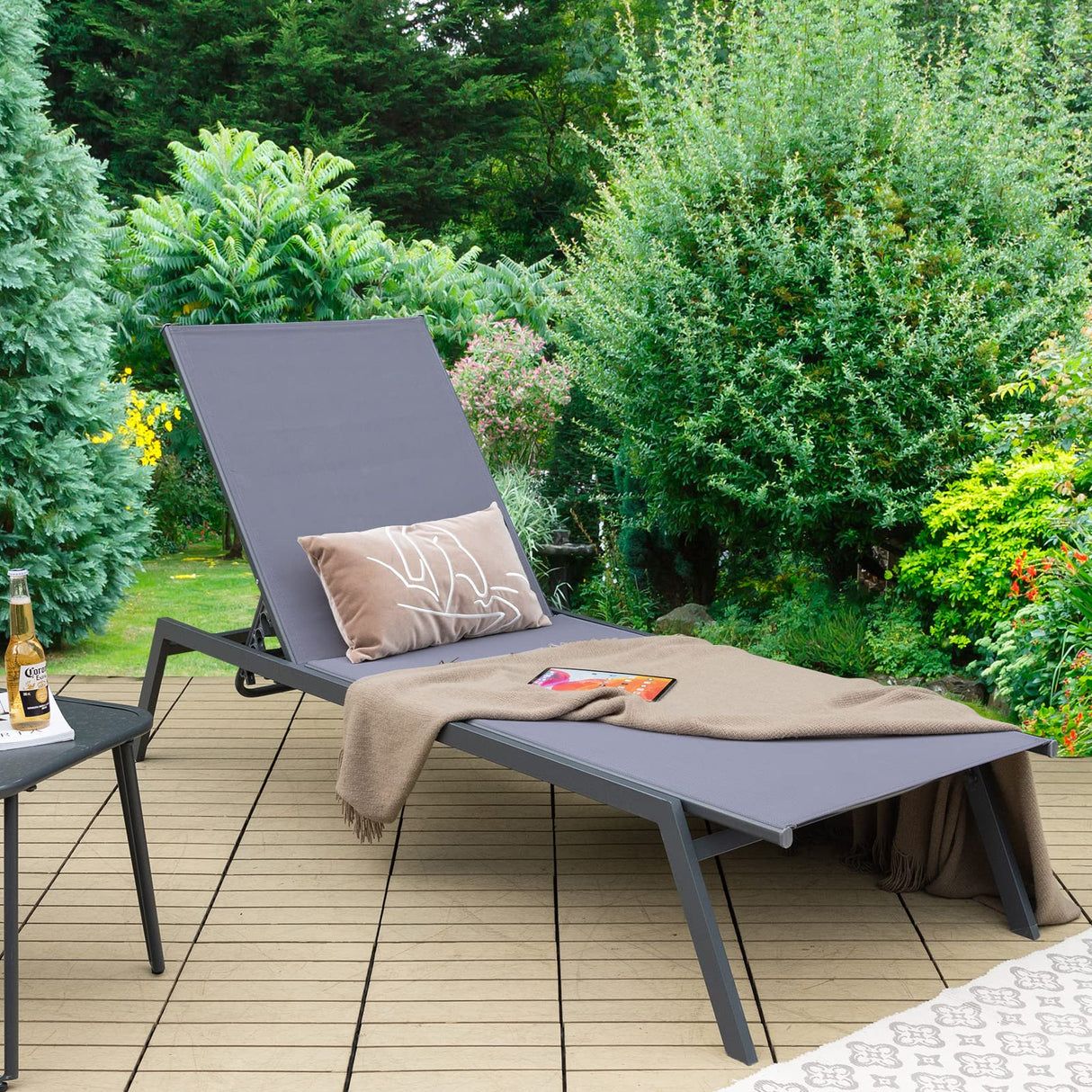 Set of 2 Sunbathing Chair with Lay Flat Position, 6 Adjustable Positions, Outdoor Reclining