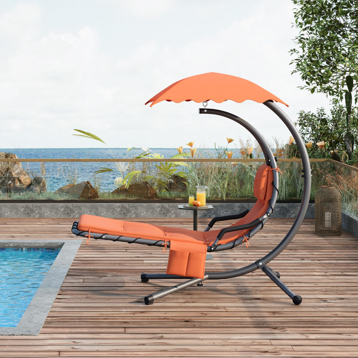 Outdoor Hanging Chaise Lounge Chair Hammock Chair w/Built-in Pillow