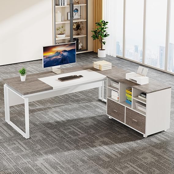 L-Shaped Executive Desk with Reversible File Cabinet, 63" Office Desk with Storage