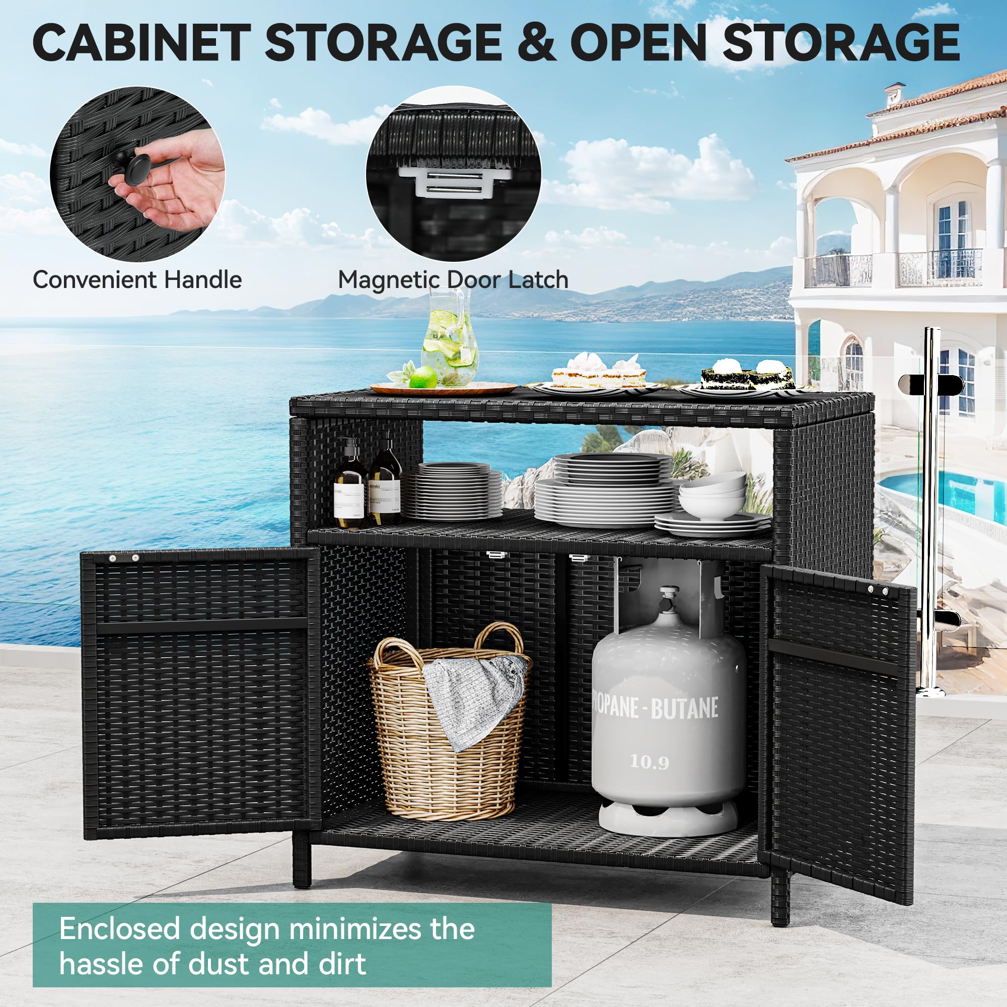 Patio Storage Cabinet, Outdoor Wicker Bar Table Storage Cabinet w/2 Doors