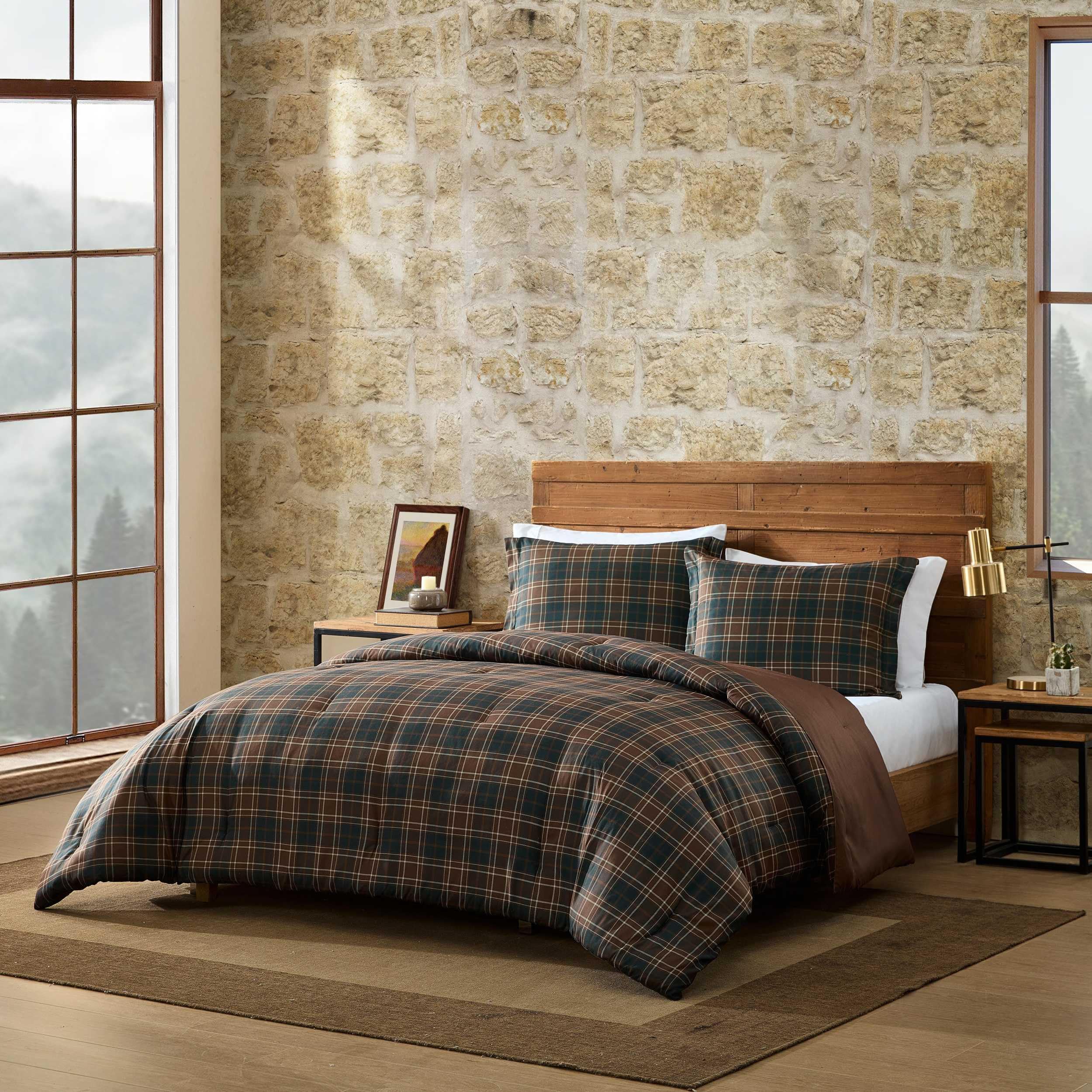 Queen Comforter Set - Huntley Plaid Brown 3-Piece Bedding with Matching Pillowcases