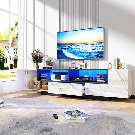 70in White TV Stand for 75/80 inch TV,Modern LED TV Stand,High Gloss Entertainment