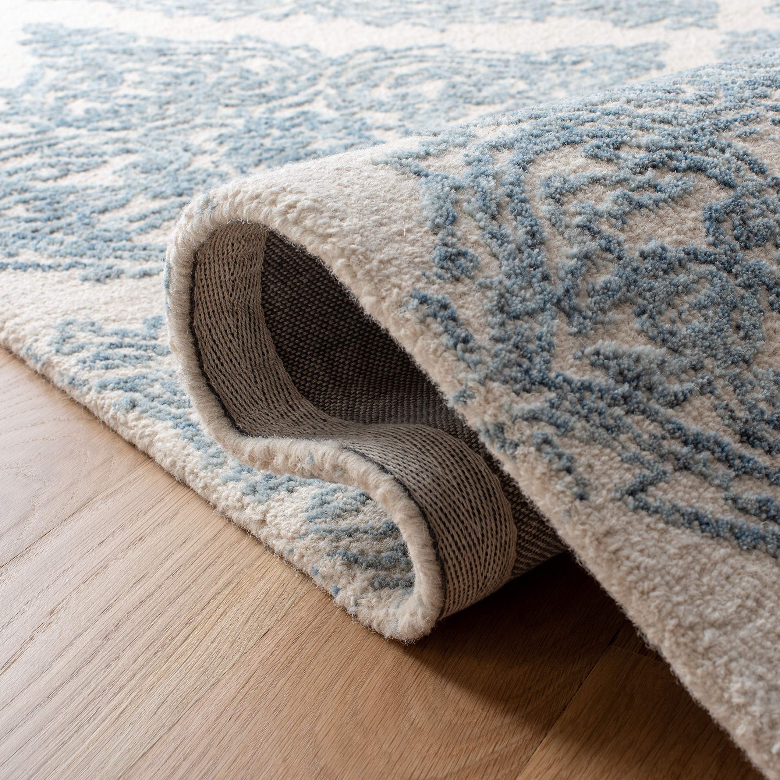 Abstract Collection Area Rug - 8' Square, Ivory & Blue, Handmade Wool