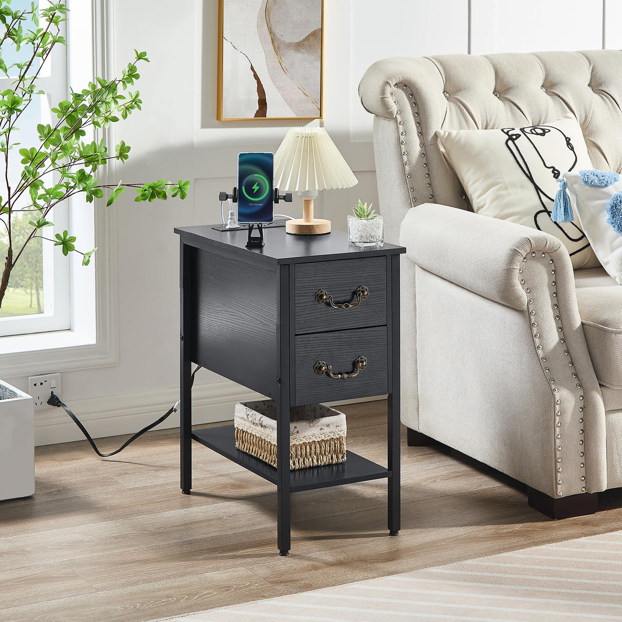 End Tables,Narrow Nightstands with Charging Station & USB Ports &Drawers