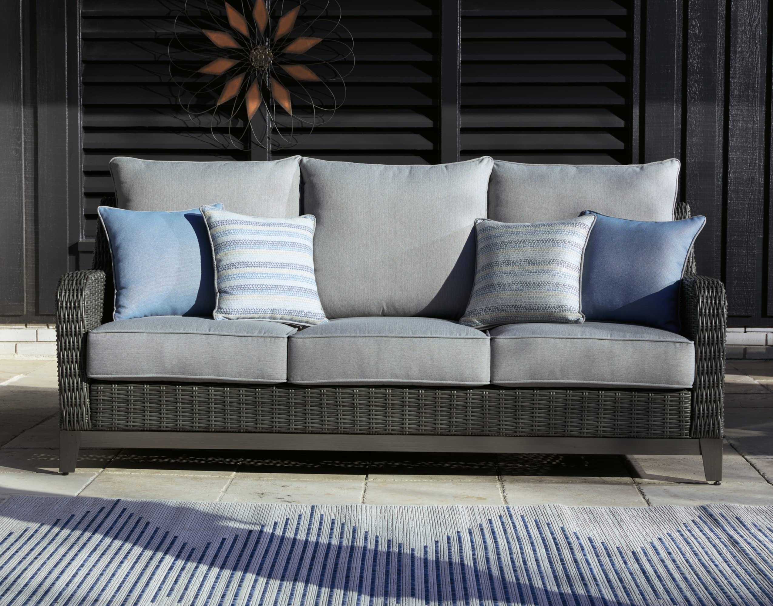 9 by Ashley Outdoor Elite Park Patio Wicker Sofa with Cushion, Gray