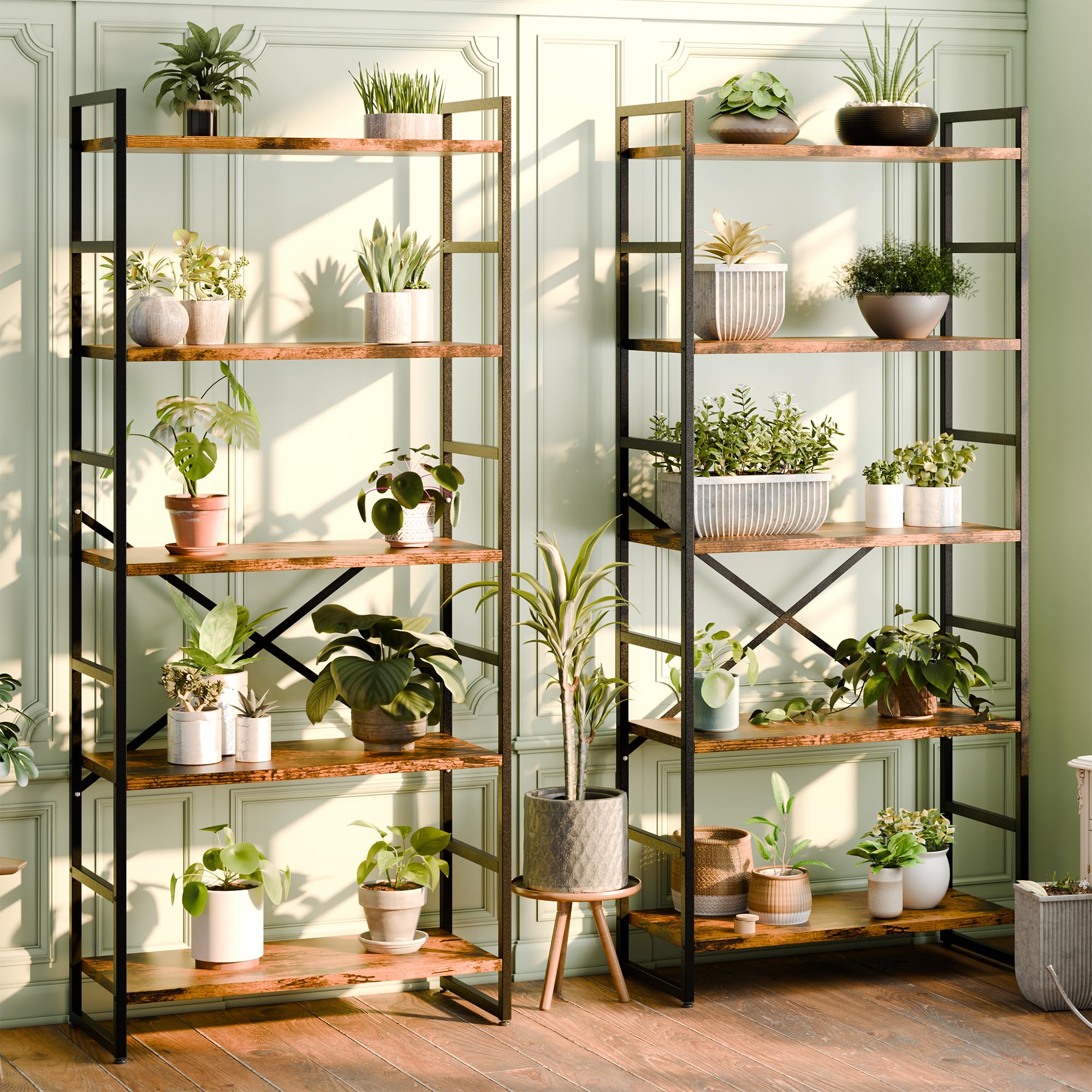 2 Pieces 5 Tiers Bookshelf, Classically Tall Bookcase Shelf, Industrial Book Rack