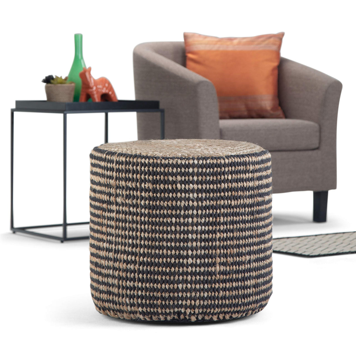 Larissa Round Pouf, Footstool, Upholstered in Natural Hand Braided Jute