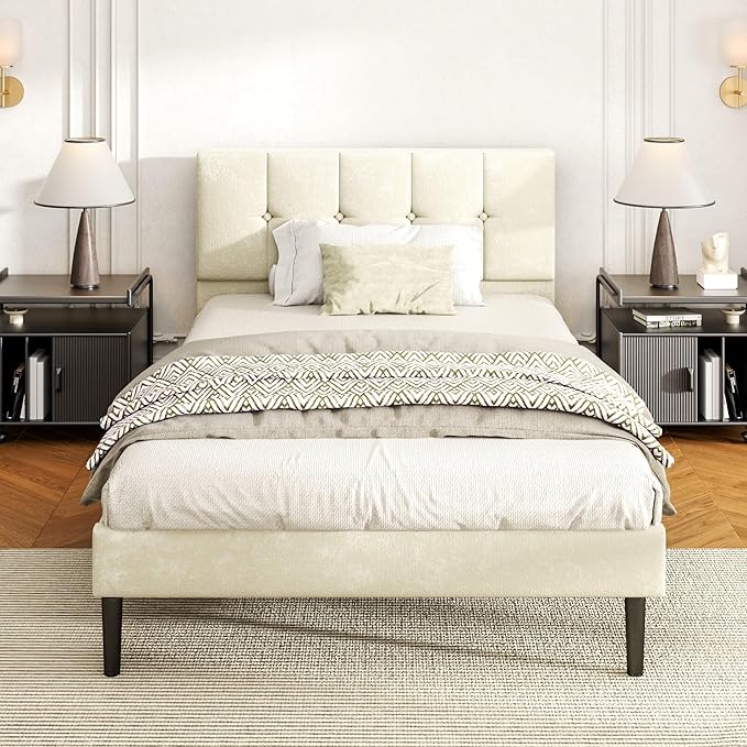 Full Size Bed Frame, Platform Beds with Upholstered Headboard, Mattress Foundation with Wooden Slats Support,