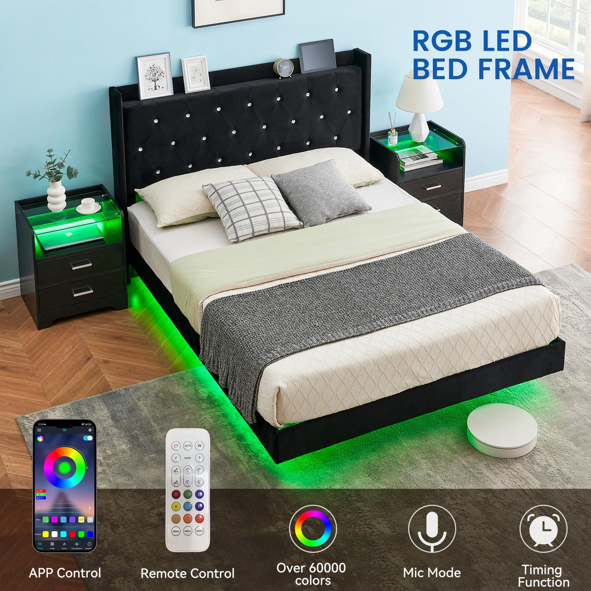 Floating Bed Frame Full Size with LED Lights, Modern Upholstered Platform Full Bed Frame