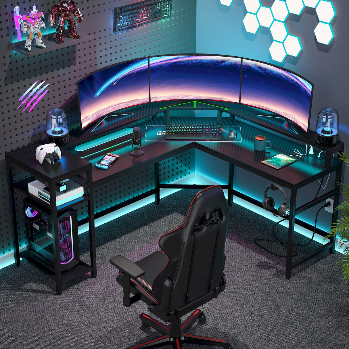 L-Shaped Gaming Desk with Power Outlets & LED Strips, L-Shaped Computer Desk