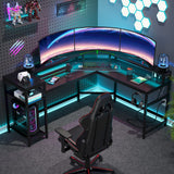 L-Shaped Gaming Desk with Power Outlets & LED Strips, L-Shaped Computer Desk