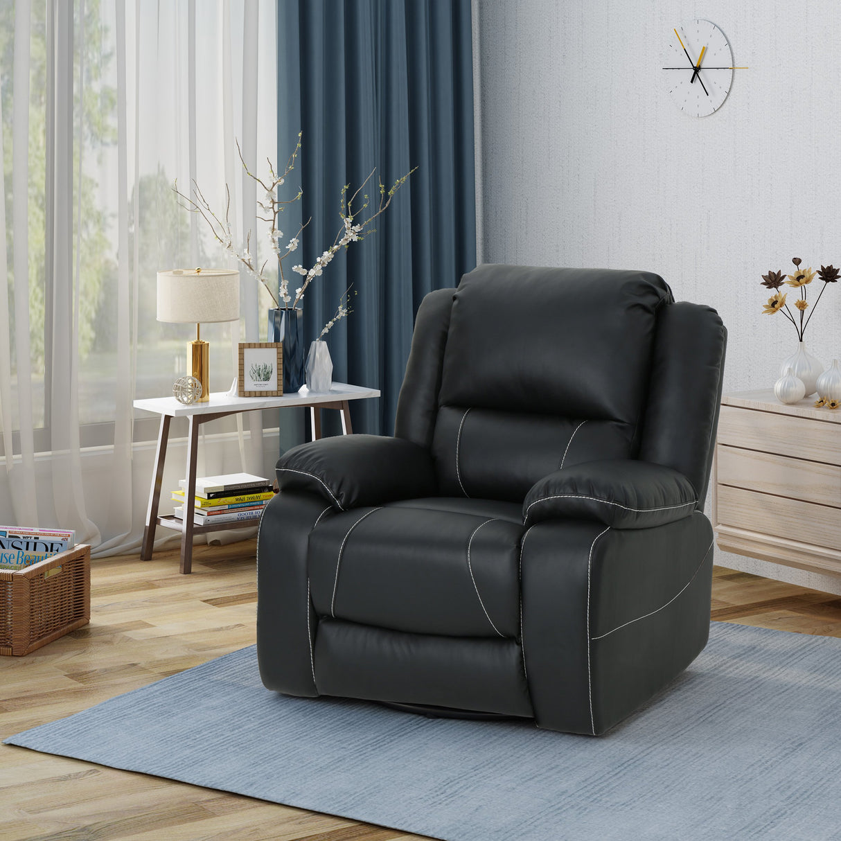 Deal Furniture Teresa Classic Tufted Leather Swivel Recliner, Black 37.5D x 39W x 39.75H