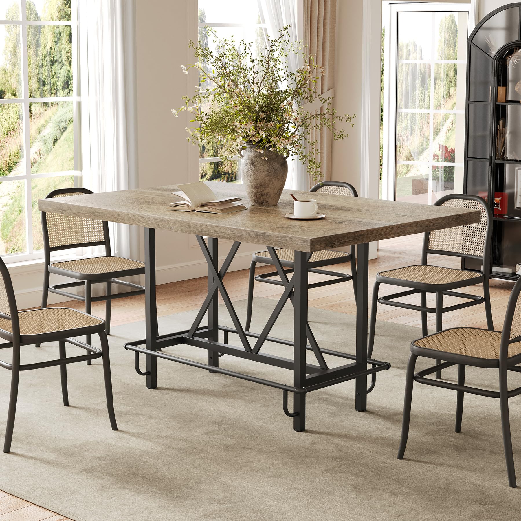 63-Inch Industrial Bar Table with Metal Footrest - Counter Height Pub Table